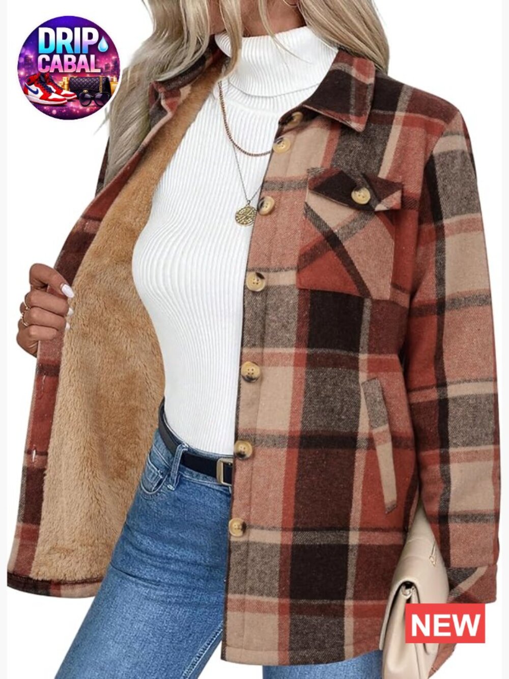 Fleece Sherpa Lined Long Sleeve Button Down Flannel Shacket Coat with Pockets